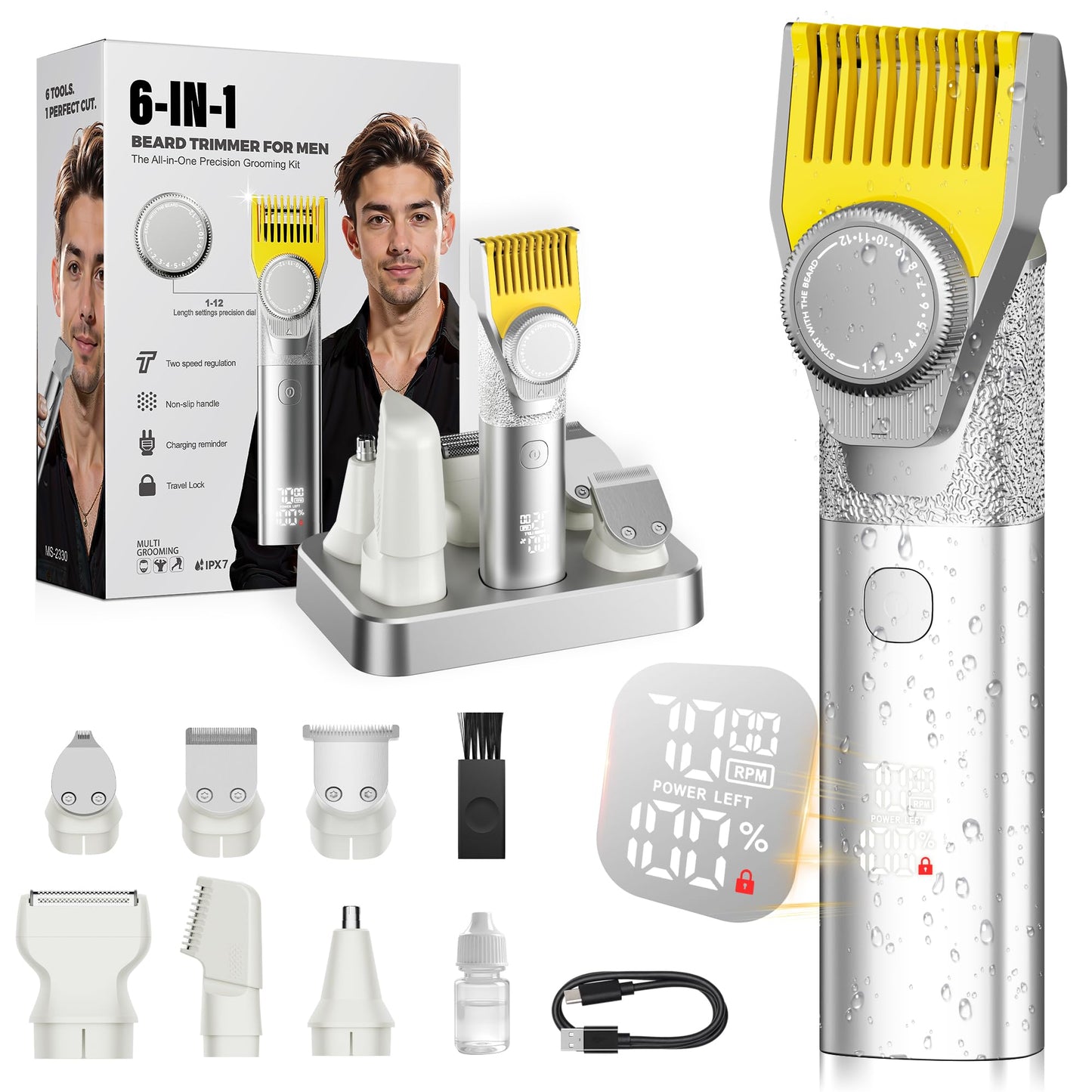 Beard Trimmer for Men, Magnetic All-in-One Mens Grooming Kit, 24-Setting Precision Dial, 4.5Hr Long Battery Cordless Hair Clippers for Men, IPX7 Beauty and Personal Care Prettywill