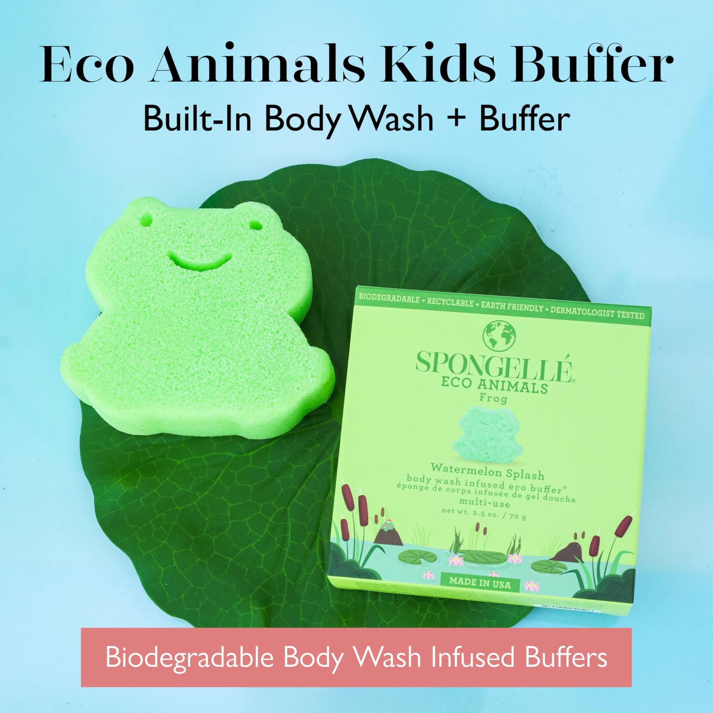 Spongelle Frog Eco Collection Animals Kids Buffer Body Scrubber - Bath & Shower Loofah for Kids - Biodegradable, Cruelty-Free, Vegan Beauty and Personal Care SPONGELLÉ