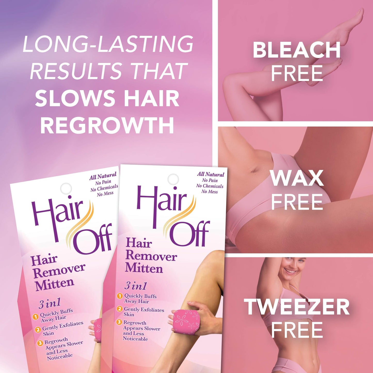 Hair Off Hair Remover Mitten - All-Natural, Painless & Chemical Free - Full Body Hair Removal - Slows & Lessens Regrowth - Exfoliates Skin (3 Mittens Beauty & Personal Care Hair Off
