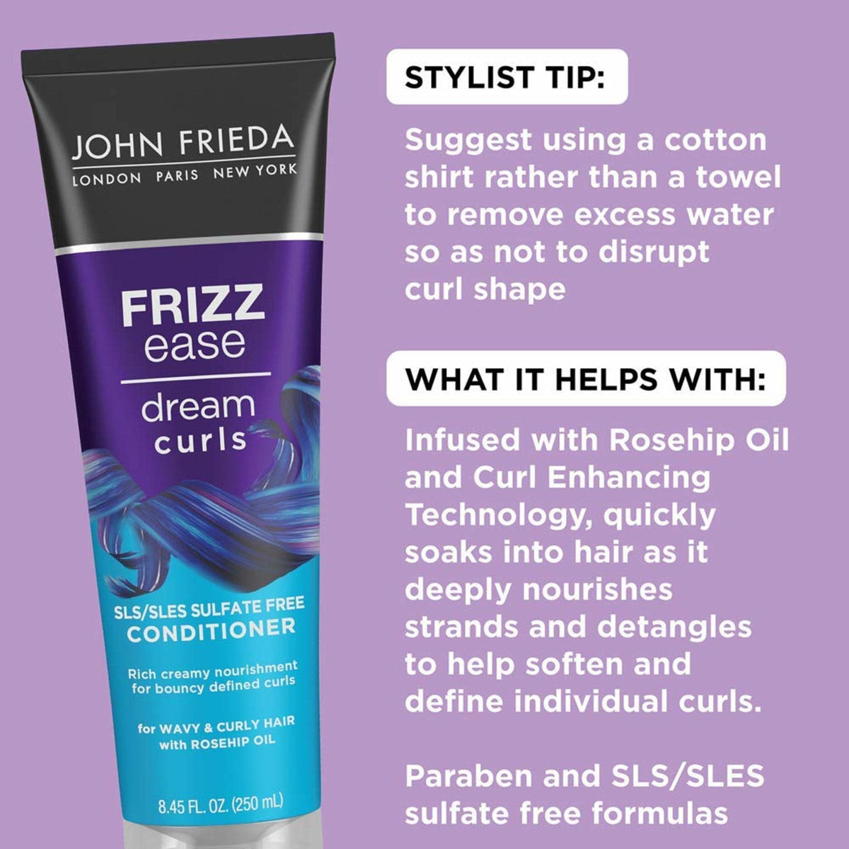 John Frieda Anti Frizz, Frizz Ease Dream Curls Curly Hair Conditioner, SLS/SLES Sulfate-Free, for Natural Curly Hair, 8.45 Fl Oz