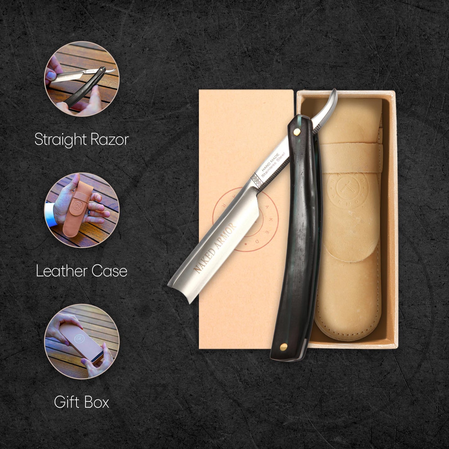 Naked Armor Dodinel Straight Razor - Shave Ready 7/8" French Nose Japanese Stainless Steel Straight Razors for Men with Ebony Wood Scale, Case Beauty and Personal Care Naked Armor