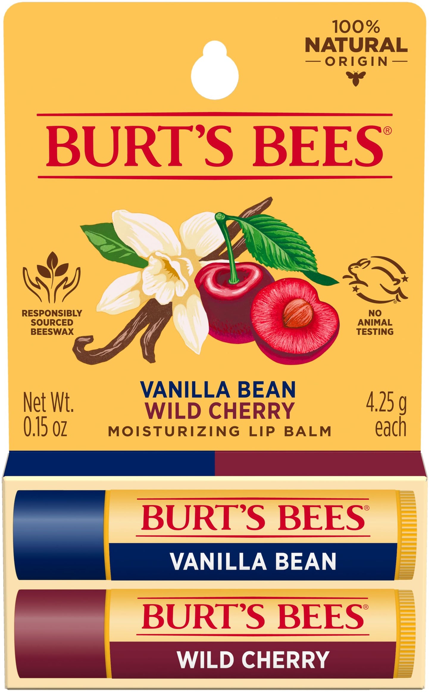 Burt's Bees 100% Natural Lip Balm, Wild Cherry and Vanilla Bean Blister Box, 0.3 Ounce, 2 Count Beauty & Personal Care Burt's Bees