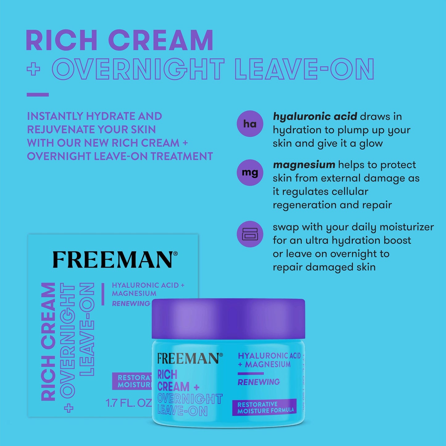 Freeman Rich Cream + Overnight Leave-On, Moisturizing Face Mask, Facial Mask For Dry Skin, Face Cream Infused With Magnesium & Hyaluronic Acid Beauty & Personal Care Freeman
