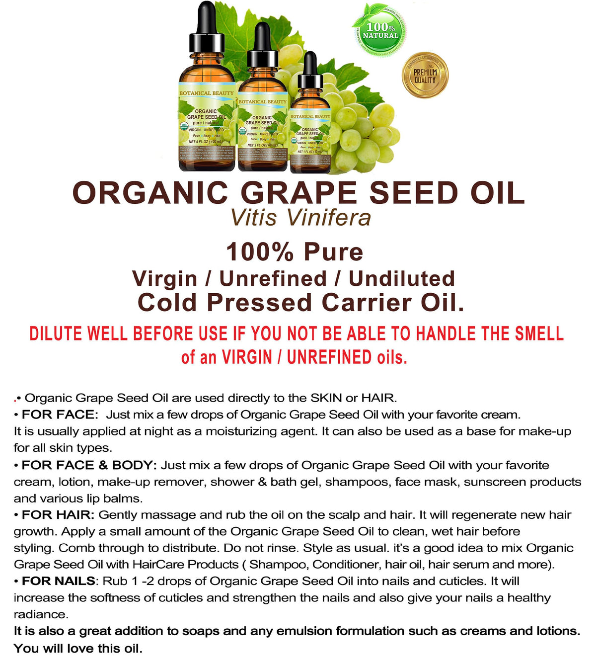 Botanical Beauty Organic GRAPE SEED OIL 100% Pure Natural VIRGIN UNREFINED Cold-Pressed Carrier Oil for Face, Skin, Body, Hair, Lip, Nails, Massage Beauty & Personal Care Botanical Beauty