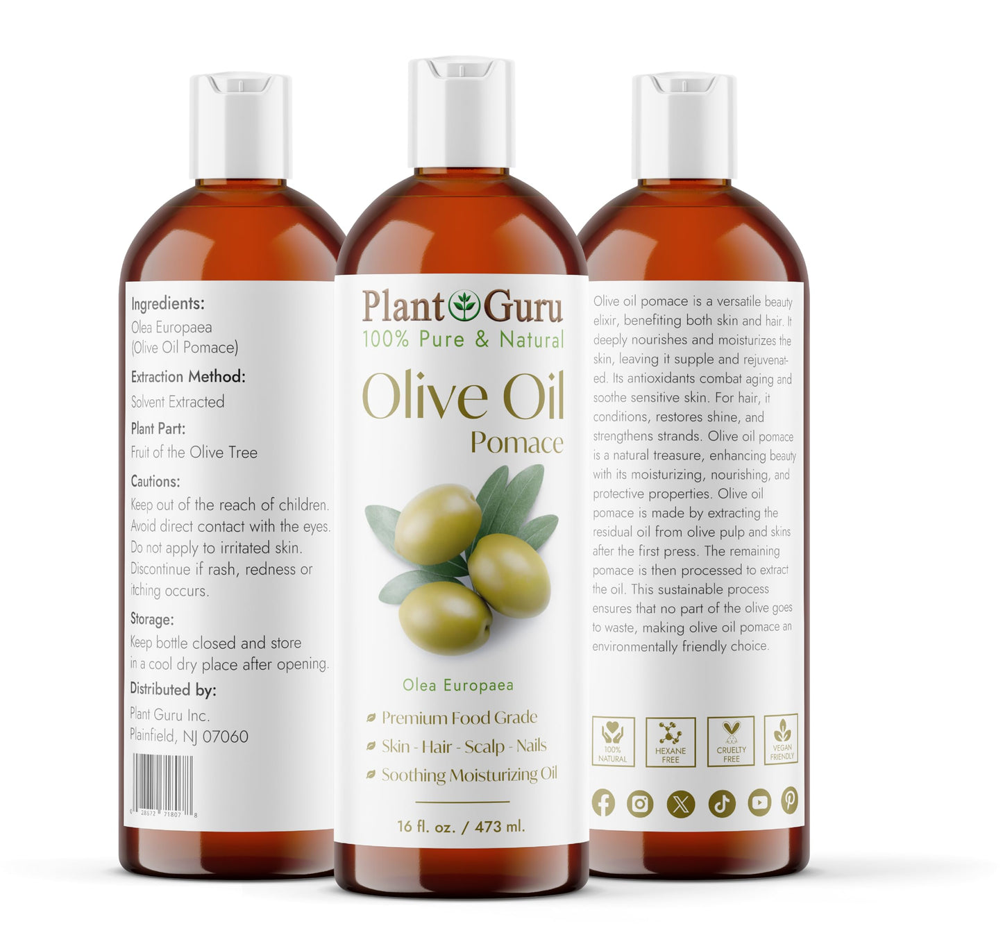 Plant Guru Olive Oil Pomace 16 fl. oz. 100% Pure Natural Carrier Moisturizer For Skin, Body, Face And Hair Growth. Great For DIY Soap Making Beauty & Personal Care Plant Guru