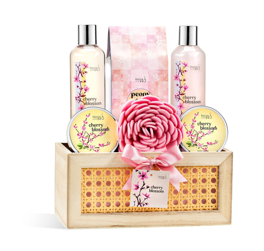 Cherry Blossom Spa Gift Basket for Women - Luxury Bath & Body Gift Set with Shower Gel, Bubble Bath, Body Scrub, Lotion & Bath Salts - Mother’s Day Beauty and Personal Care Freida and Joe