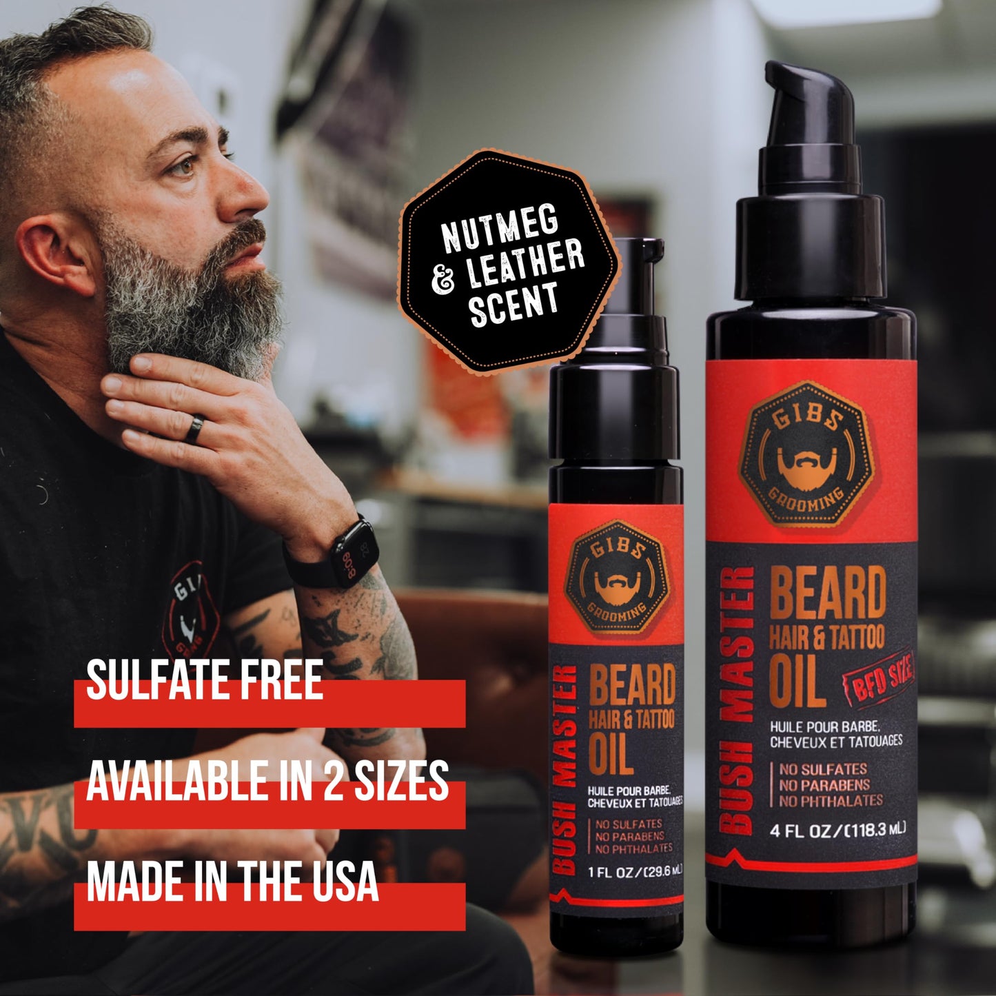 GIBS Grooming - Bush Master Beard, Hair & Tattoo Oil (1 fl oz) - Softens, Strengthens, Protects - Skin Moisturizer - Vitamin C - UV Shield - Travel Beauty and Personal Care GIBS