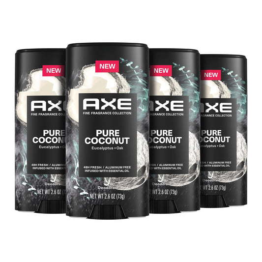 AXE Fine Fragrance Collection Deodorant Stick Pure Coconut 4 count with 48H Freshness and Odor Protection Deo Stick Infused with Coconut, Eucalyptus Beauty and Personal Care AXE