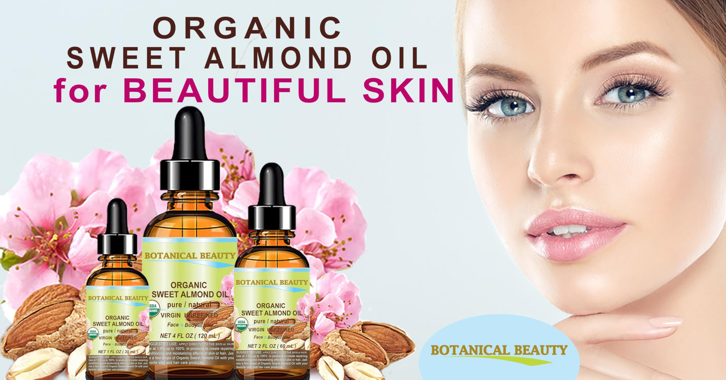 Botanical Beauty Organic SWEET ALMOND OIL 100% Pure Natural Virgin Unrefined Undiluted Cold Pressed Carrier Oil for Face, Skin, Body, Hair, Massage Beauty & Personal Care Botanical Beauty