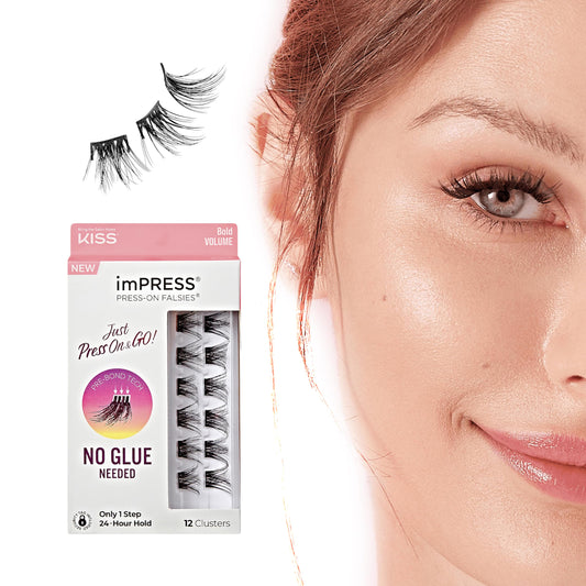 Kiss Impress Falsies Press On Self Adhesive Eyelashes, 12mm-14mm Natural Volume Press On Lashes, Black, No Glue Needed, Invisible Band, 12 Lash
