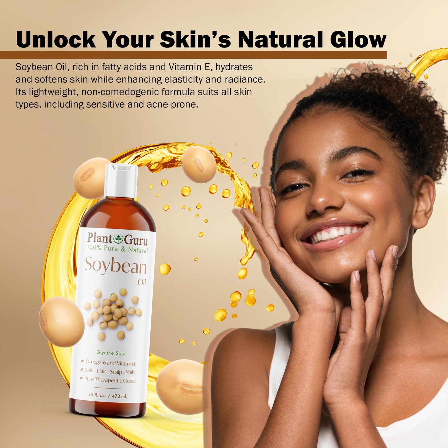 Plant Guru Soybean Oil 8 fl. oz. - Cold Pressed, 100% Pure & Natural Carrier for Skin, Face, Body, Hair & Cooking. Great for DIY Creams, Lotions Beauty & Personal Care Plant Guru