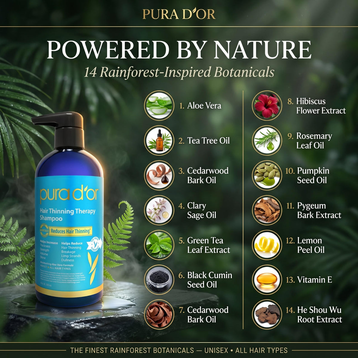 PURA D'OR Hair Thinning Therapy Biotin Shampoo ORIGINAL Herbal Scent, 16oz