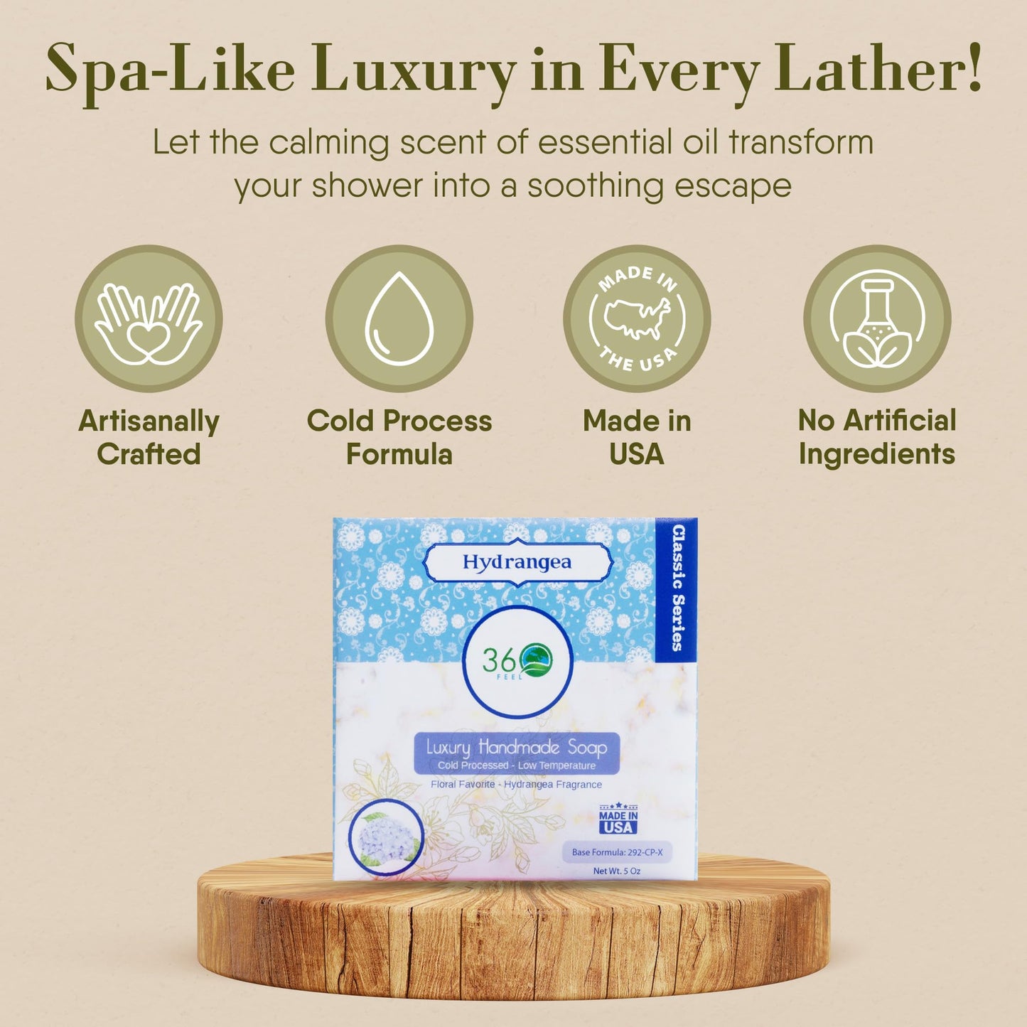 360Feel Hydrangea Soap - Made in The USA - Castile Handmade All Natural Cold Processed - Infused with Hydrangea Scent for Gentle Cleanse & Rich Beauty & Personal Care 360Feel