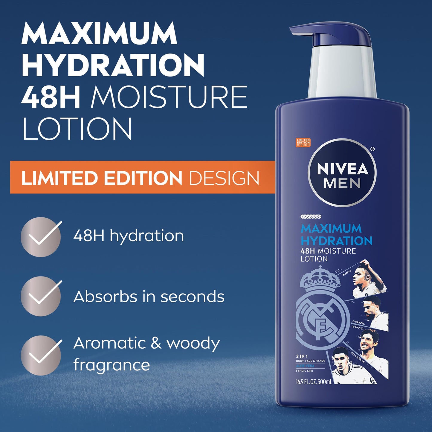 NIVEA MEN Real Madrid Limited Edition Design Maximum Hydration 48-Hour Moisture Body Lotion for Dry Skin, Aloe Vera Lotion for Men, 3-in-1 Body, Face Beauty & Personal Care NIVEA MEN