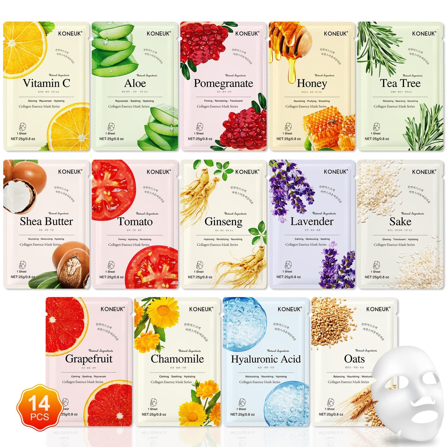 KONEUK 14 Pack Sheet Face Masks Skincare, Hydrating Face Masks Suitable for Dry Skin, Bulk Facial Mask Set for Women Skin Care, Face Mask Gifts Set Beauty and Personal Care KONEUK