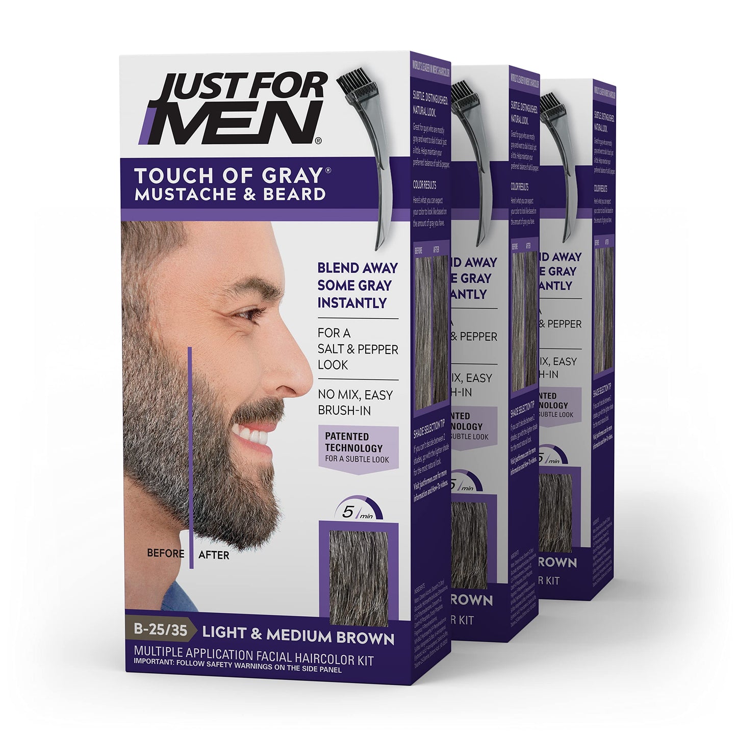 Just For Men Touch of Gray Mustache & Beard, Beard Coloring for Gray Hair with Brush Included for Easy Application, Light & Medium Brown B-25/35, Pack Beauty & Personal Care Just for Men