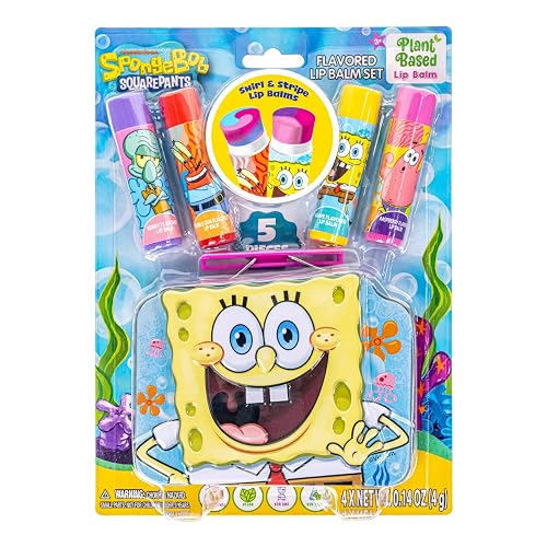Spongebob Squarepants 4PK Plant-Based, Fruity Scented Lip Balm, & 1 Tin, Colorful Hydrating Mosturizor Swirl Lip Balm Set for Kids, by Townley Girl Beauty & Personal Care Townley Girl