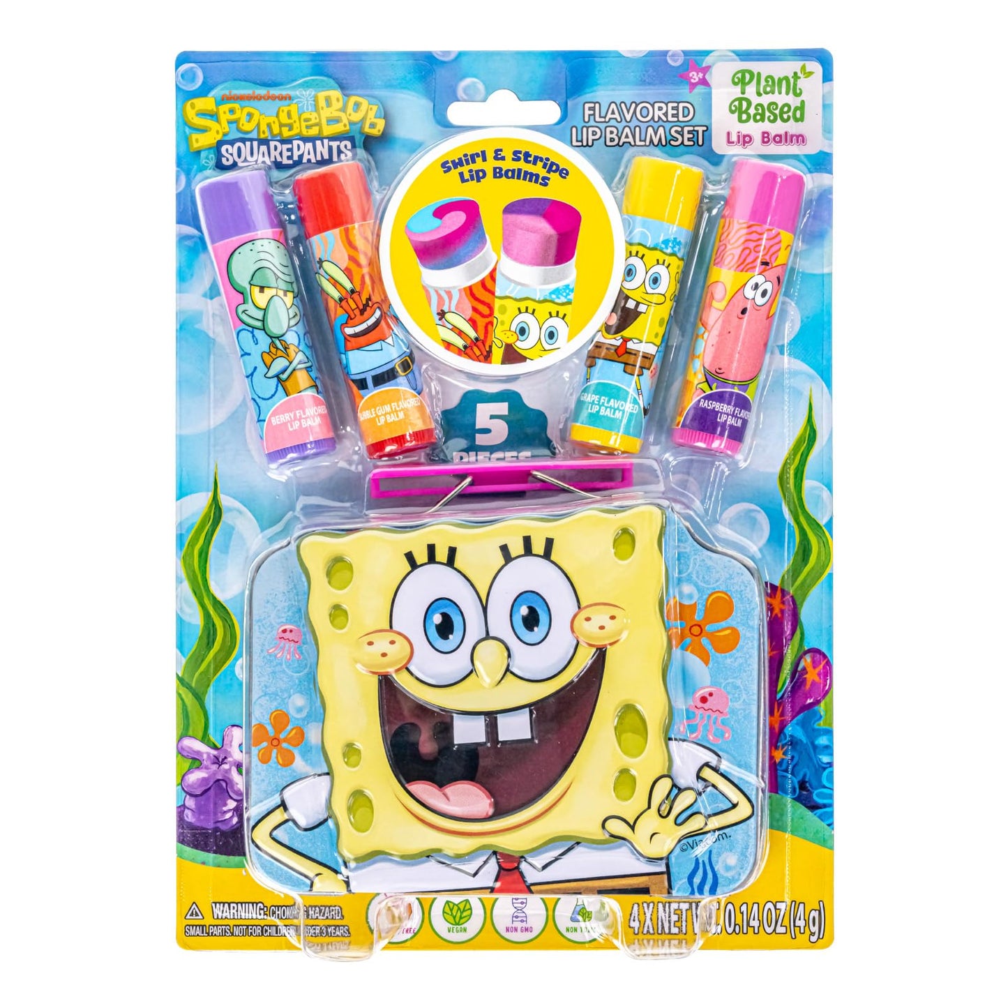 Spongebob Squarepants 4PK Plant-Based, Fruity Scented Lip Balm, & 1 Tin, Colorful Hydrating Mosturizor Swirl Lip Balm Set for Kids, by Townley Girl Beauty & Personal Care Townley Girl
