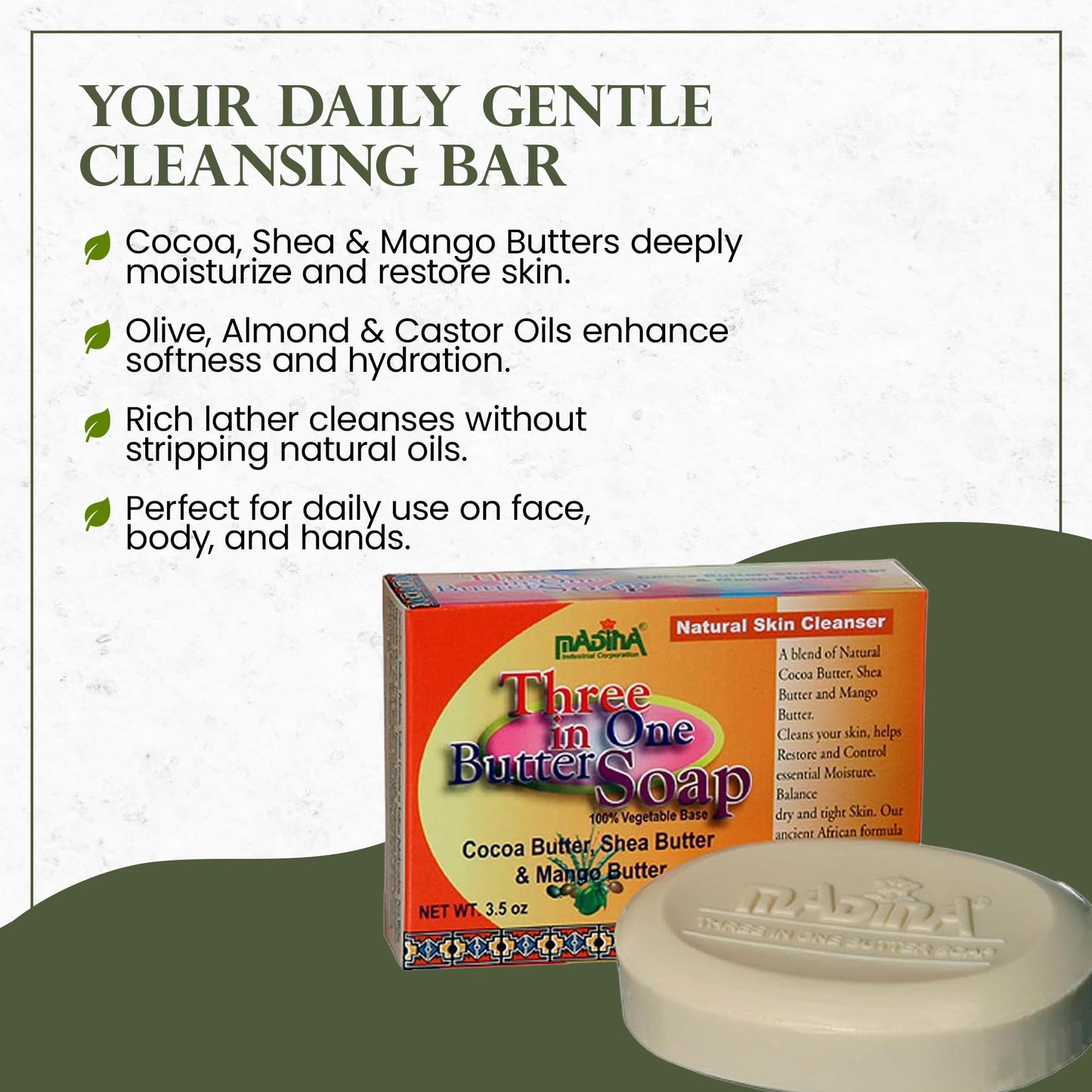 Madina 3-in-1 Butter Soap Bar - Cocoa, Mango & Shea Butter, Moisturizing, Nourishing, Vegetable-Based, Halal, Gentle Cleanser for All Skin Types, 6 Beauty & Personal Care Madina
