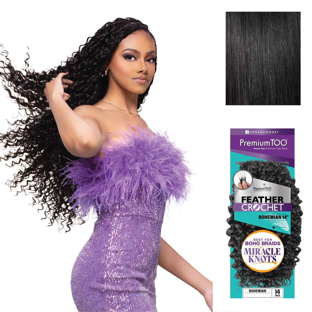 Sensationnel PremiumToo Feather Crochet Braids-Bohemian,14in, 1 JETBLACK