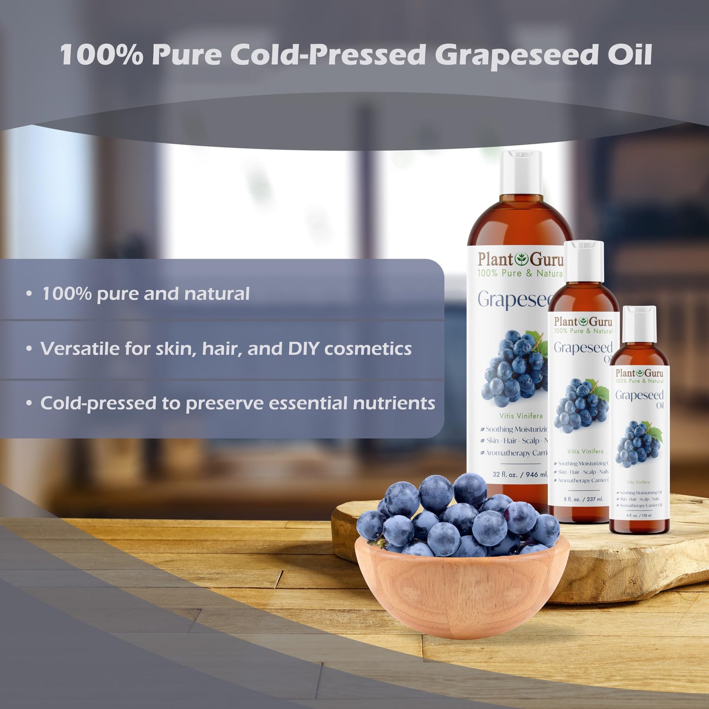 Plant Guru Grapeseed Oil 8 oz. Cold Pressed 100% Pure Natural Carrier For Skin, Body, Face, and Hair Growth Moisturizer. Great For Creams, Lotions Beauty & Personal Care Plant Guru