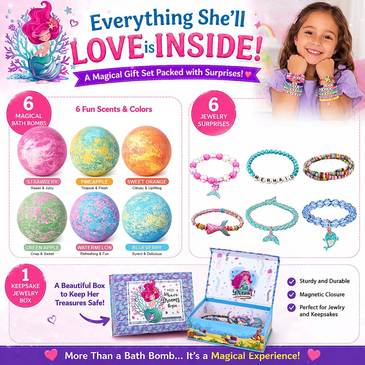 Bath Bombs for Kids with Surprise Inside, Mermaid Bath Bombs for Girls with Jewelry & Jewelry Box for Kids Organic, Skin Moisturizing, Natural Bubble Beauty and Personal Care Mineral Me California