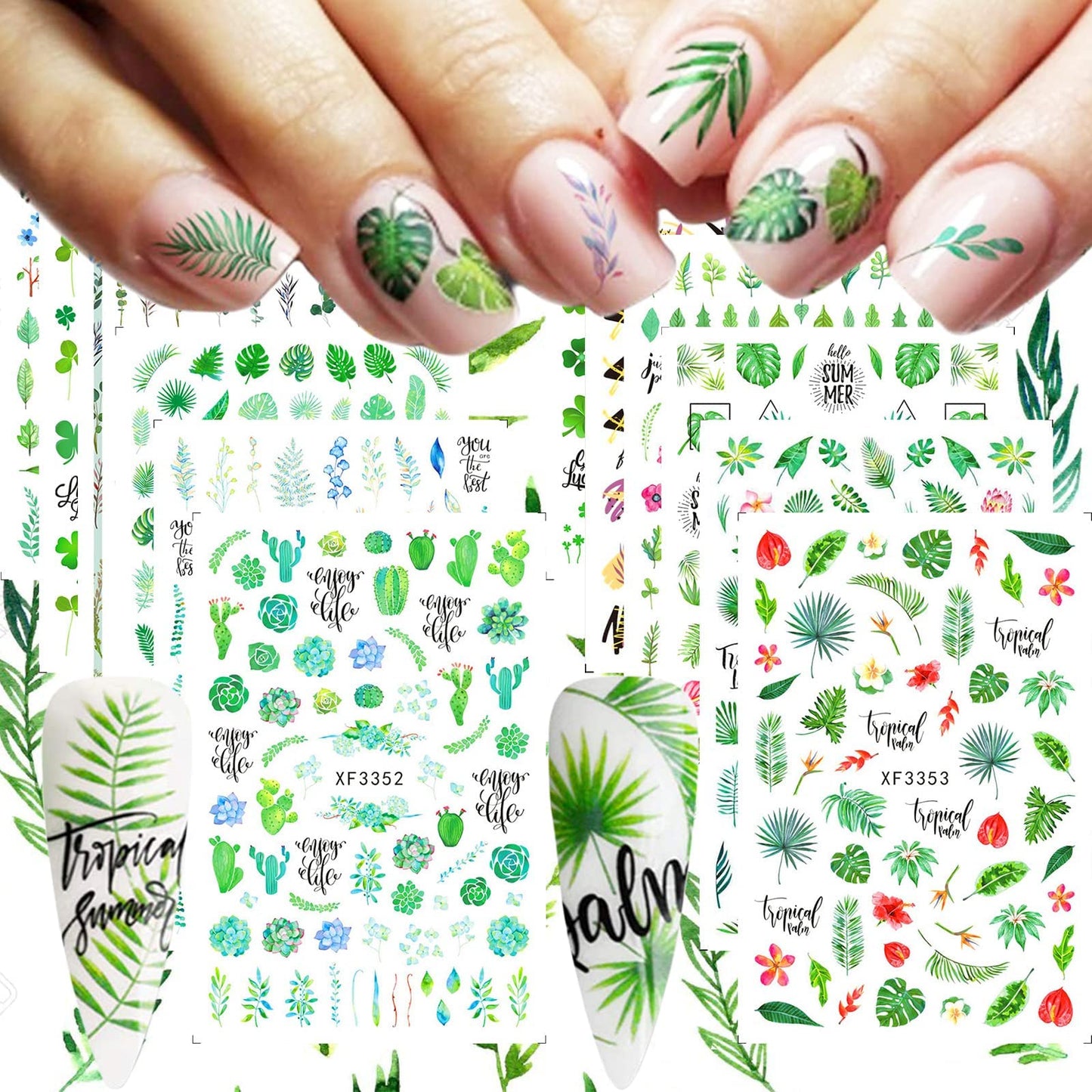 12 Sheets Summer Leaf Nail Art Stickers 3D Self-Adhesive Nail Decals Nail Art Supplies Palm Leaves Clover Nail Design for Women Manicure Nail Beauty & Personal Care ONEUPIN