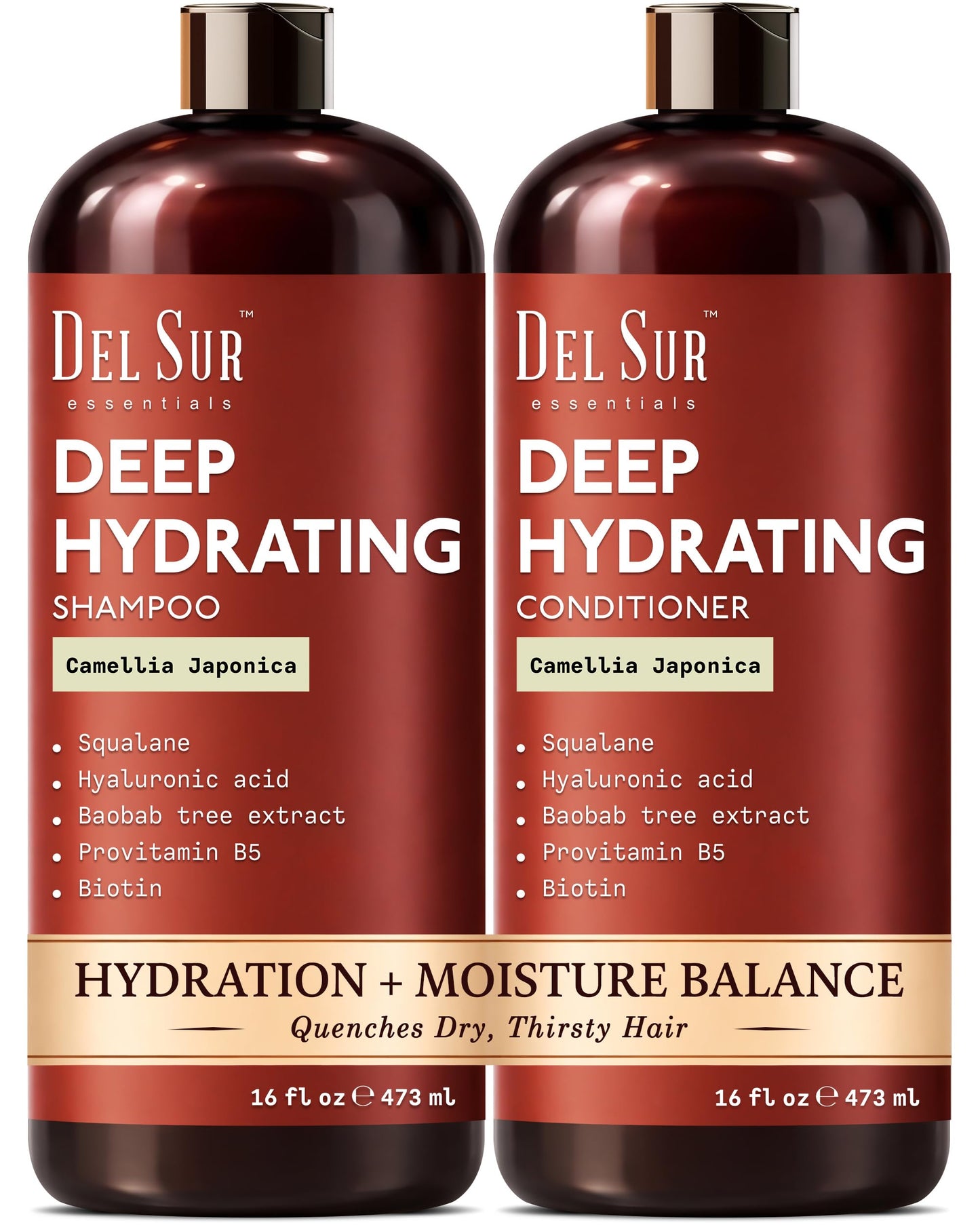 DEL SUR Hydrating Shampoo and Conditioner Set | 16 fl oz Each | with Camellia Japonica, Squalane, Hyaluronic Acid, Baobab Extract & Biotin | Deep Beauty & Personal Care DEL SUR