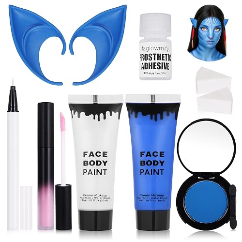 8pcs Avatar Makeup Kit,Navy Blue White Face Paint, Royal Blue Face Paint for Smurf Mystique Cosplay,Lip Gloss,White UV Eyeliner, Short Elf Ears,Single Beauty & Personal Care faglowmify
