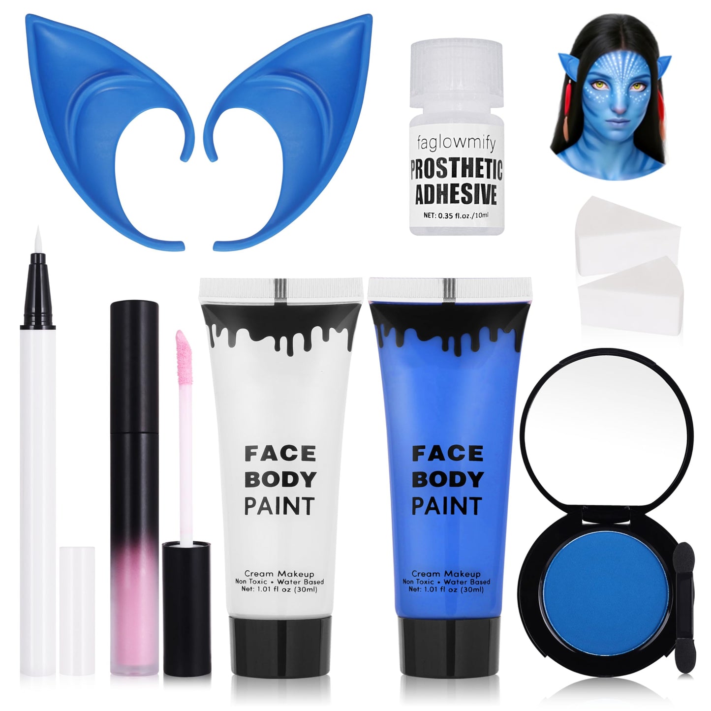 8pcs Avatar Makeup Kit,Navy Blue White Face Paint, Royal Blue Face Paint for Smurf Mystique Cosplay,Lip Gloss,White UV Eyeliner, Short Elf Ears,Single Beauty & Personal Care faglowmify