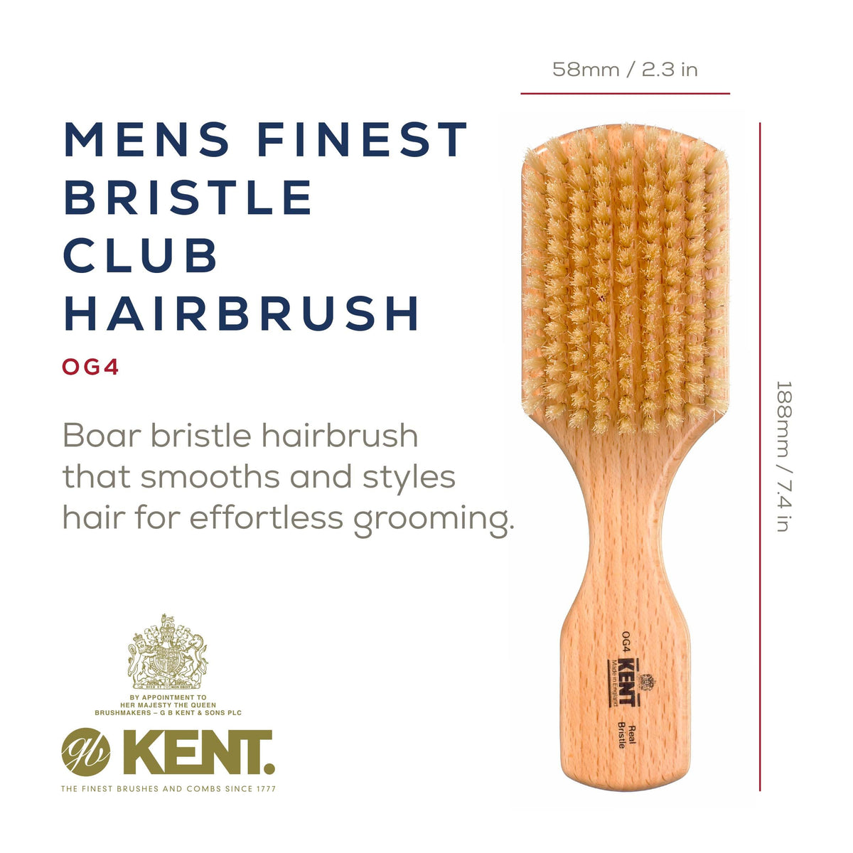 Kent OG4 Rectangular Beachwood Gentlemen's Hair Brush and Facial for Beard Care - Exfoliating Natural Boar Bristle Brush for Mens Grooming, Hair Care,