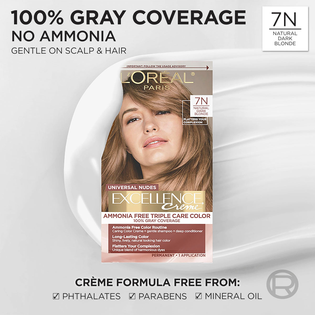 L’Oreal Paris Excellence Universal Nudes Permanent Hair Color, Ammonia Free Hair Dye for Gray Hair Coverage, 7N Natural Dark Blonde, 1 Kit (Pack of 2)