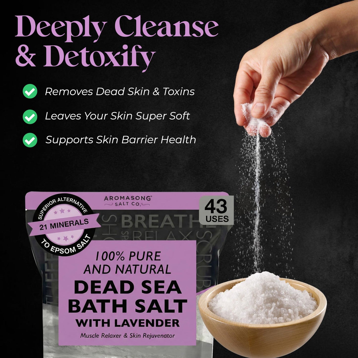 Aromasong Pure Dead Sea Salt for Soaking with 100% Natural Lavender, 19 LB - Spa Bath Salt Fine Grain - Body Wash Scrub - Soak for Women & Men- Bulk Beauty & Personal Care Aromasong