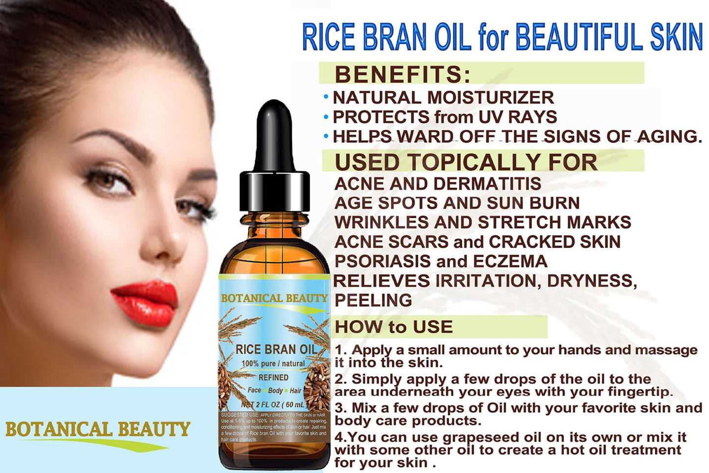 Botanical Beauty RICE BRAN OIL 100% Pure Natural Refined Undiluted Cold Pressed Carrier Oil for Face, Skin, Body, Hair, Massage, Nails. (2 Fl Oz) Beauty & Personal Care Botanical Beauty