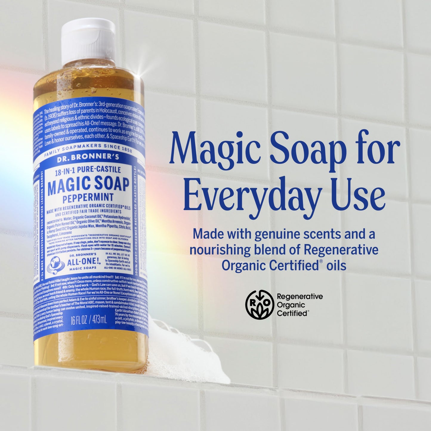 Dr. Bronner's Magic Soap-Pure-Castile Liquid Soap (Peppermint, 16 ounce, 2-Pack)-Regenerative Organic Certified Oils, 18-in-1 Uses: Body, Hair Beauty & Personal Care Dr. Bronner's