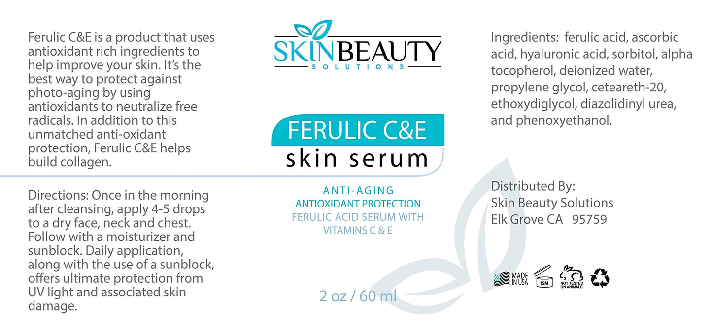 Ferulic Acid CE with Vitamin C+E Skin Serum Wrinkles, Anti-Aging, Sun Damaged Skin & More (C+E Ferulic Combination Antioxidant Treatment (2 oz/ 60 ml) Beauty & Personal Care Skin Beauty Solutions