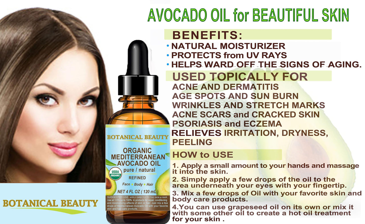 Botanical Beauty Italian ORGANIC AVOCADO OIL 100% Pure Natural Refined Undiluted Cold Pressed for Face, Body, Feet, Hair, Massage and Nail Care. 4 Fl Beauty & Personal Care Botanical Beauty