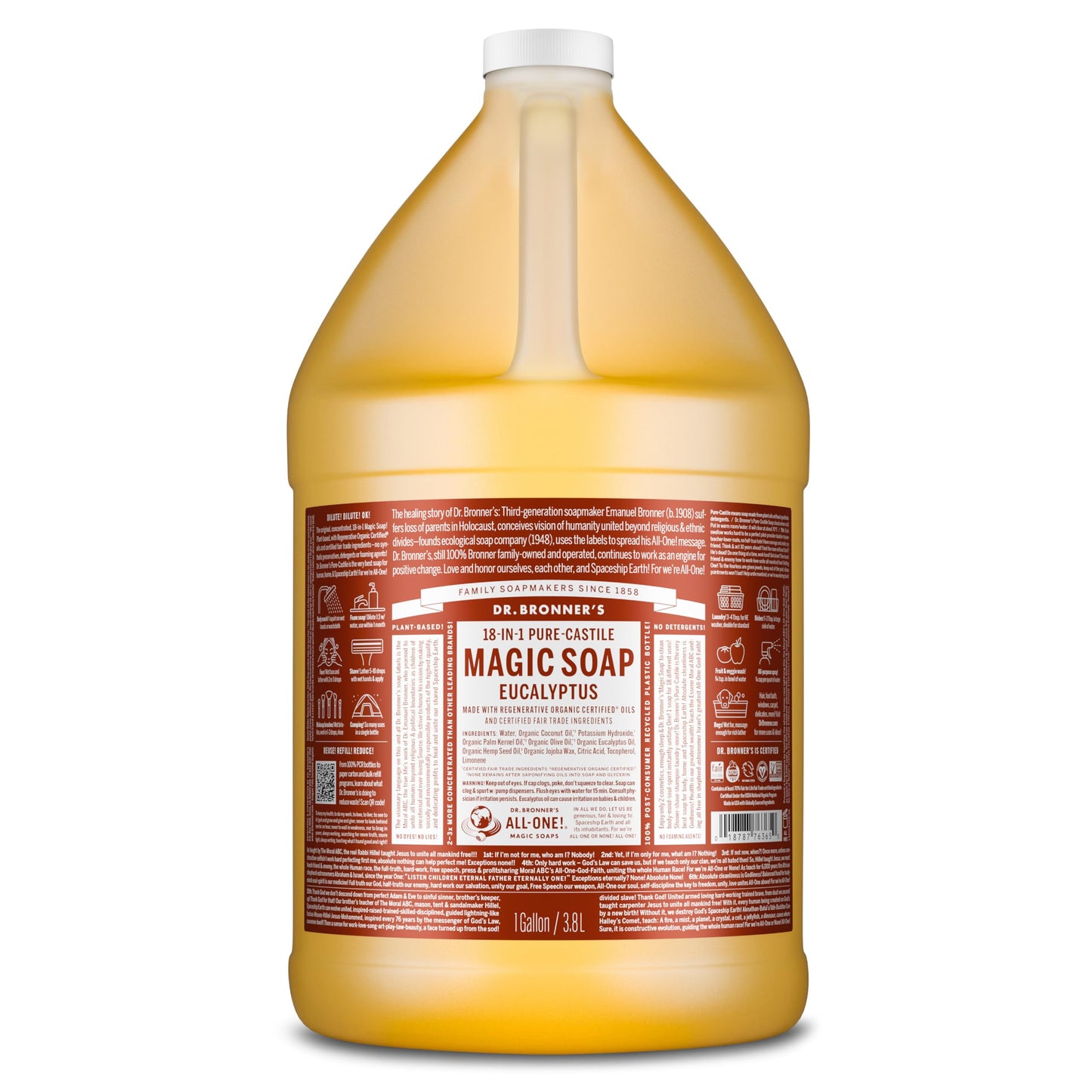 Dr. Bronner's Pure-Castile Magic Soap Liquid (Eucalyptus, 1 Gallon) - Made with Regenerative Organic Certified Oils, 18-in-1 Uses: Face, Body, Hair Beauty & Personal Care Dr. Bronner's