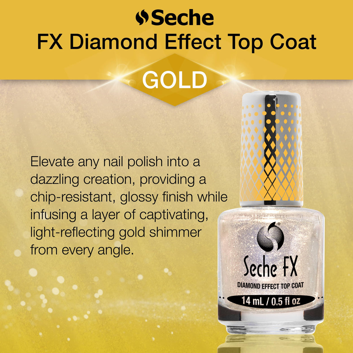 Seche FX Diamond Effect Dry Fast Top Coat Nail Polish - Gold Glitter Finish with Instant Gel-Like Gloss, Fast-Drying Long-Lasting Chip-Resistant