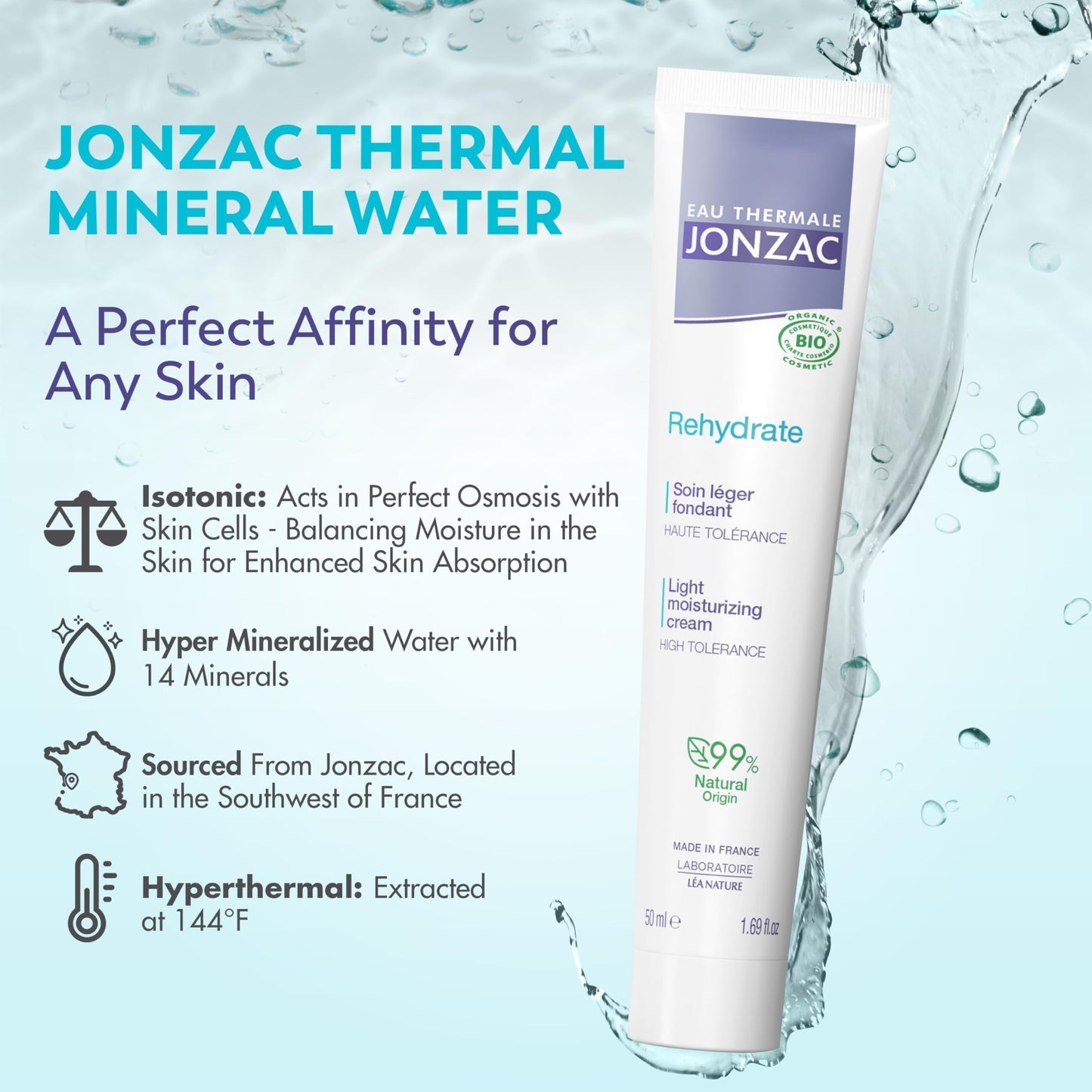Eau Thermale Jonzac Rehydrate Organic Light Moisturzing Cream for Daily Use - Facial Cream Providing 24hr Hydration with Pure Hyaluronic Acid Beauty & Personal Care JONZAC