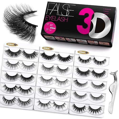 Eliace 3D Mink Lashes Natural Look 15 Mixed Styles 15 Pairs Fake Eyelashes Bulk Pack Handmade Luxurious Volume Fluffy Natural False Eyelashes Beauty & Personal Care Eliace