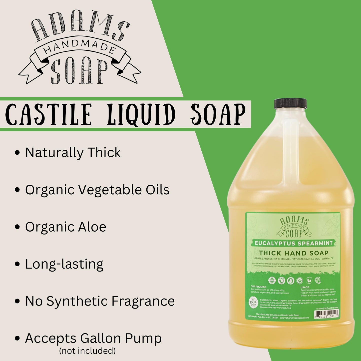 Adams Handmade Soap Liquid Organic Castile Thick Hand Soap 1 Gallon - Eucalyptus Spearmint Beauty & Personal Care Adams Handmade Soap