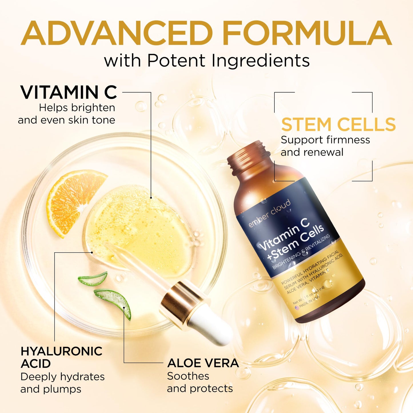 Vitamin C Serum for Face with Stem Cells Hyaluronic Acid Aloe Vera Vitamin E Anti-Aging Face Serum Supports Skin Health & Even Tone All Skin Types Beauty and Personal Care Ember Cloud