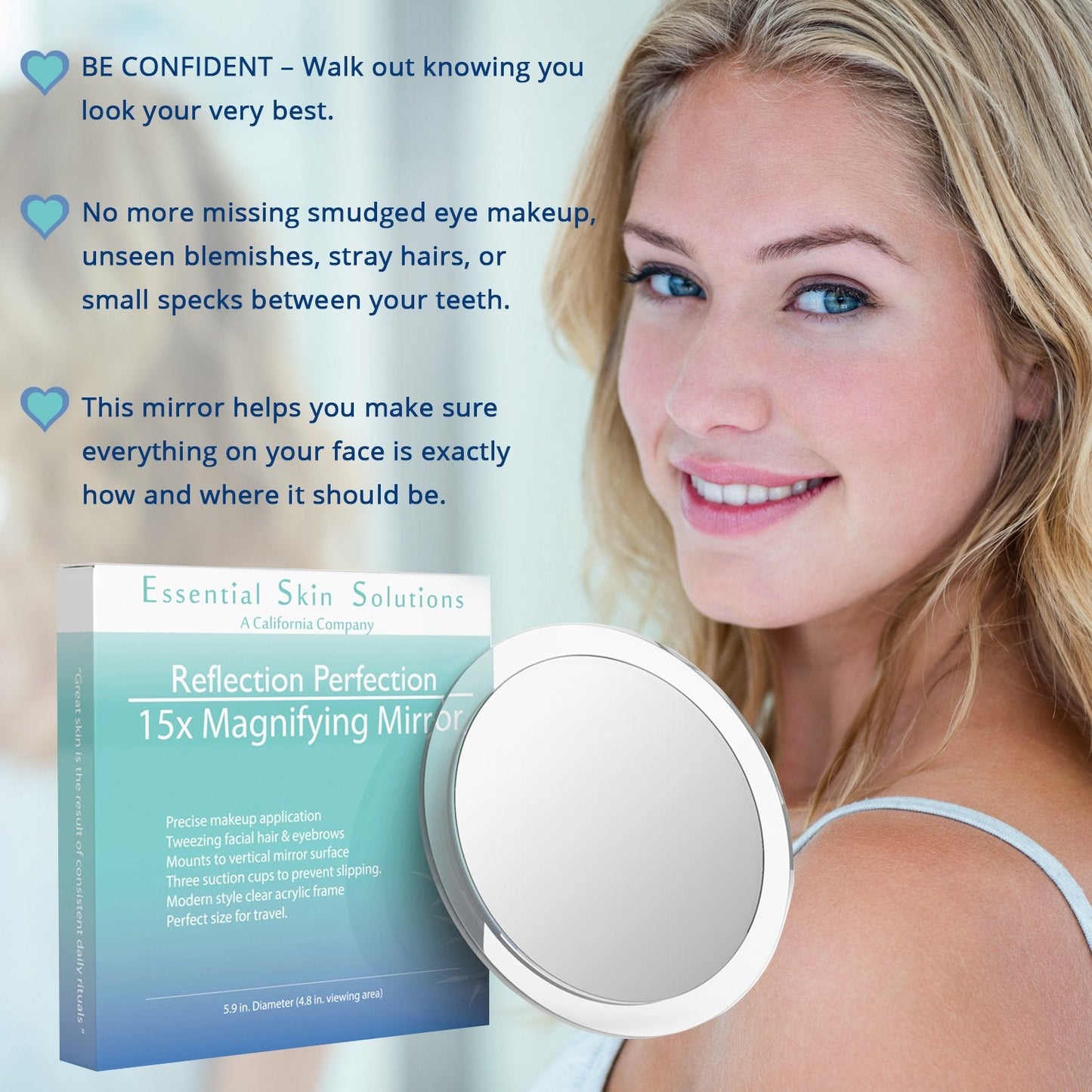 15X Magnifying Mirror - Use for Makeup Application - Tweezing - and Blackhead/Blemish Removal - 6 Inch Round Mirror with Three Suction Cups for Easy Beauty & Personal Care Essential Skin Solutions
