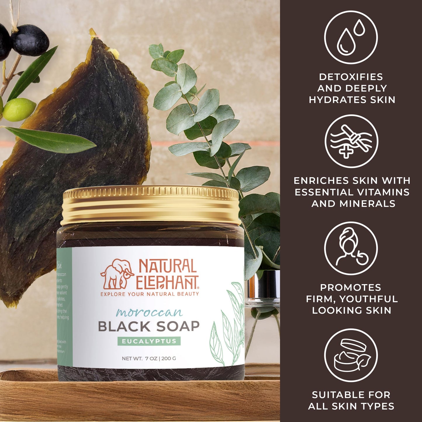 Natural Elephant Moroccan Black Soap | Travel Size 2oz | Eucalyptus Essential Oil | Traditional Hammam Beldi Soap, 100% Natural Ingredients, Ideal Beauty & Personal Care Natural Elephant