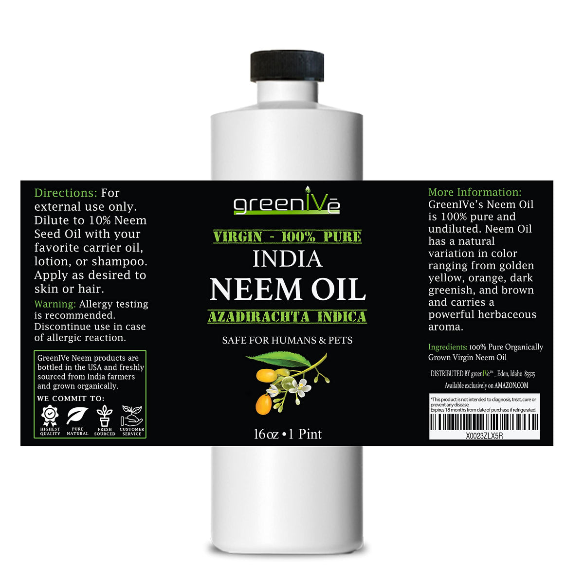 GreenIVe Neem Oil - Cold-Pressed for Plants, Hair & Skin 16 Oz