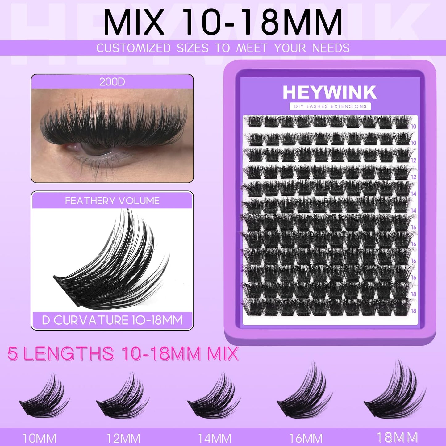 HEYWINK Lash Clusters Kit Thick 200D Individual Lashes D Curly Lash Extension Kit 10-18mm Volume Cluster Lashes Cluster Eyelash Extensions DIY Lash Beauty and Personal Care HEYWINK