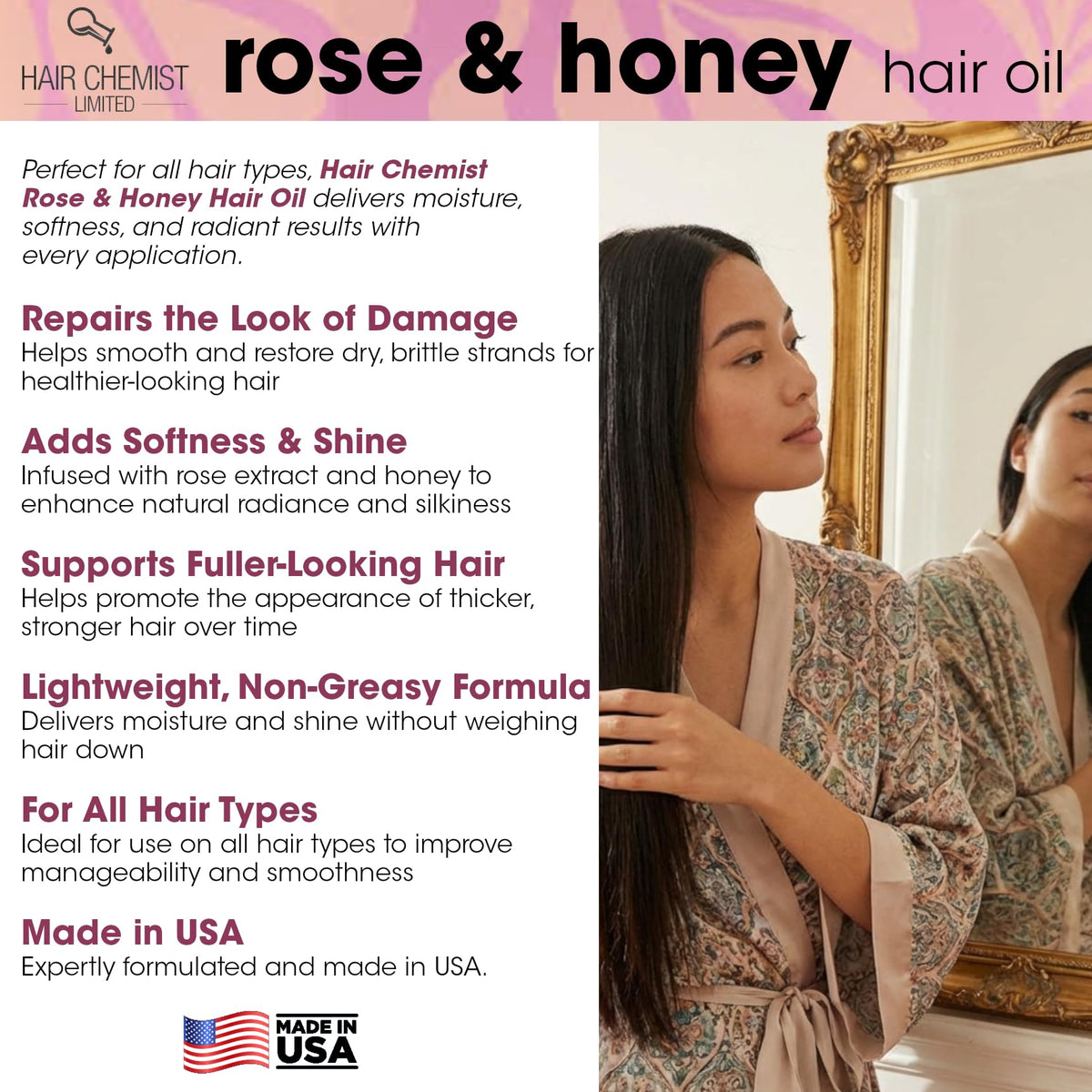 Hair Chemist Rose & Honey Hair Oil 8 oz. - Repairing Hair Treatment, Adds Softness and Shine