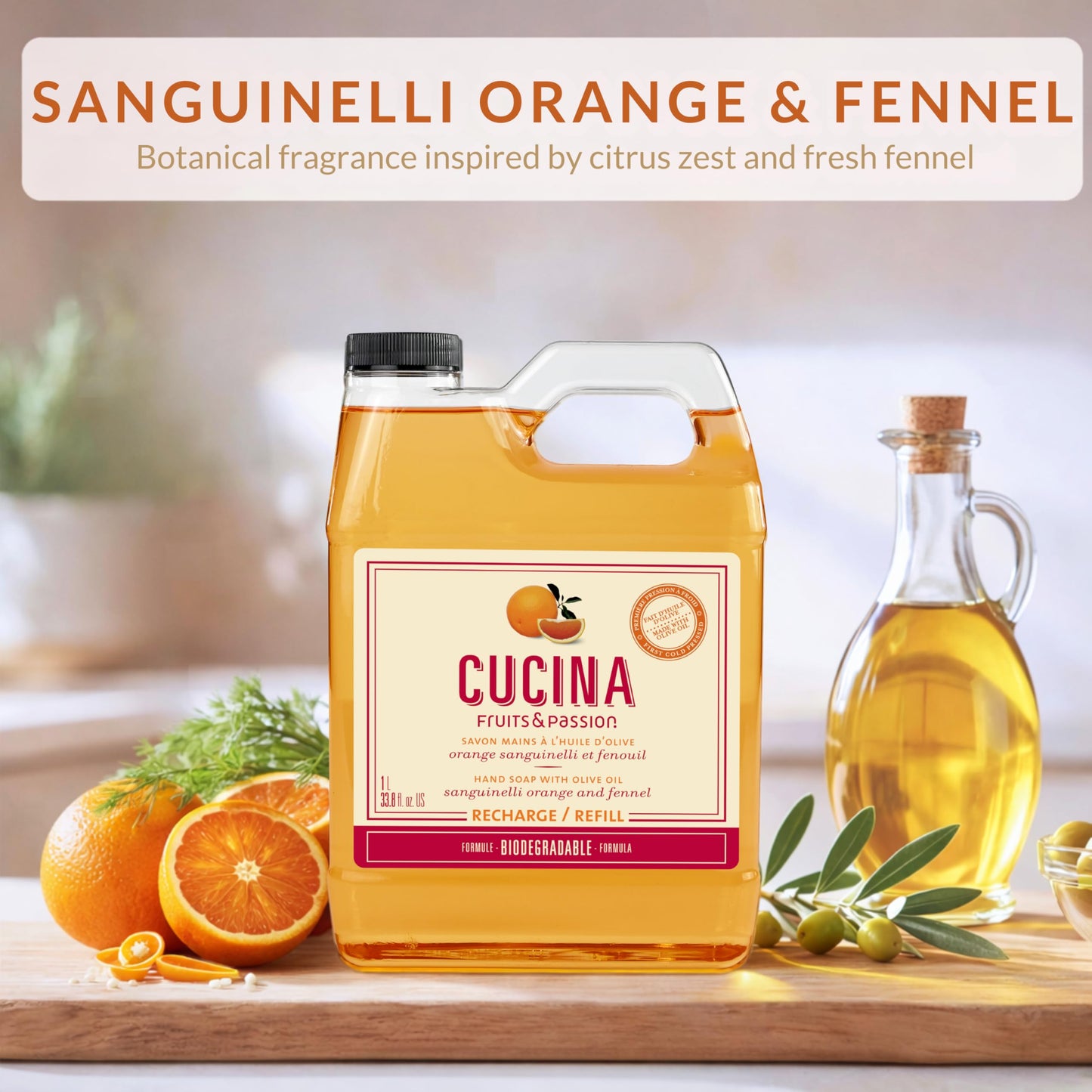 Cucina Fruits & Passion Hand Soap Refill, Orange & Fennel, 1 L (33.8 fl oz), Liquid Hand Soap with Moisturizing Olive Oil, Biodegradable, Vegan Beauty & Personal Care Cucina