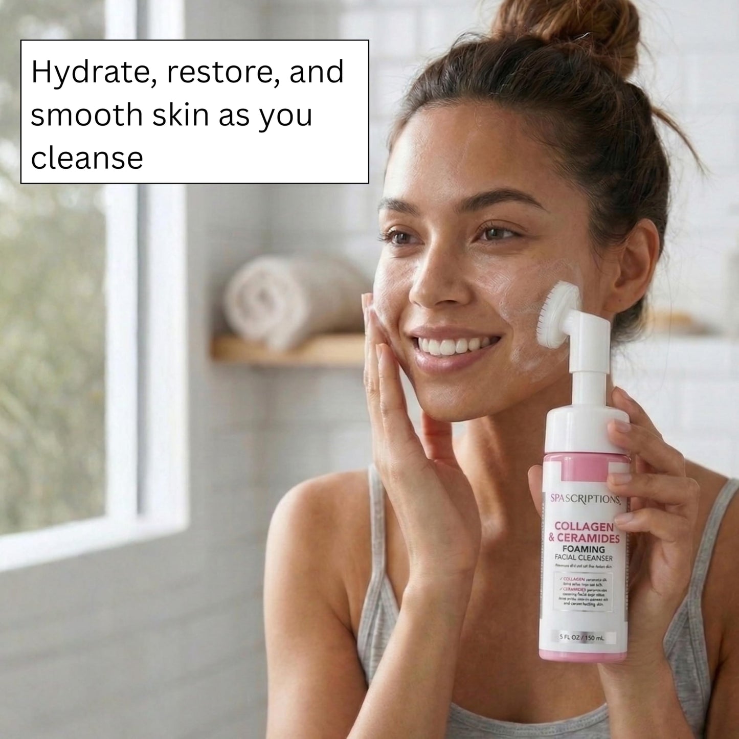 SpaScriptions 2 in 1 Cleanse & Exfoliate Foaming Facial Cleanser - Collagen & Ceramides Face Wash with Silicone Brush for Dry Skin with Barrier Beauty & Personal Care SpaScriptions